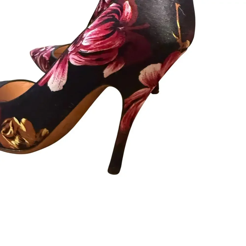 Palter DeLiso Pumps 36 Black Floral Rose Pointed Toe Stiletto Heels Made Italy